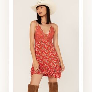 Free People Adella Mini Slip Dress Red Floral Lace Trim Boho Ruffle Hem